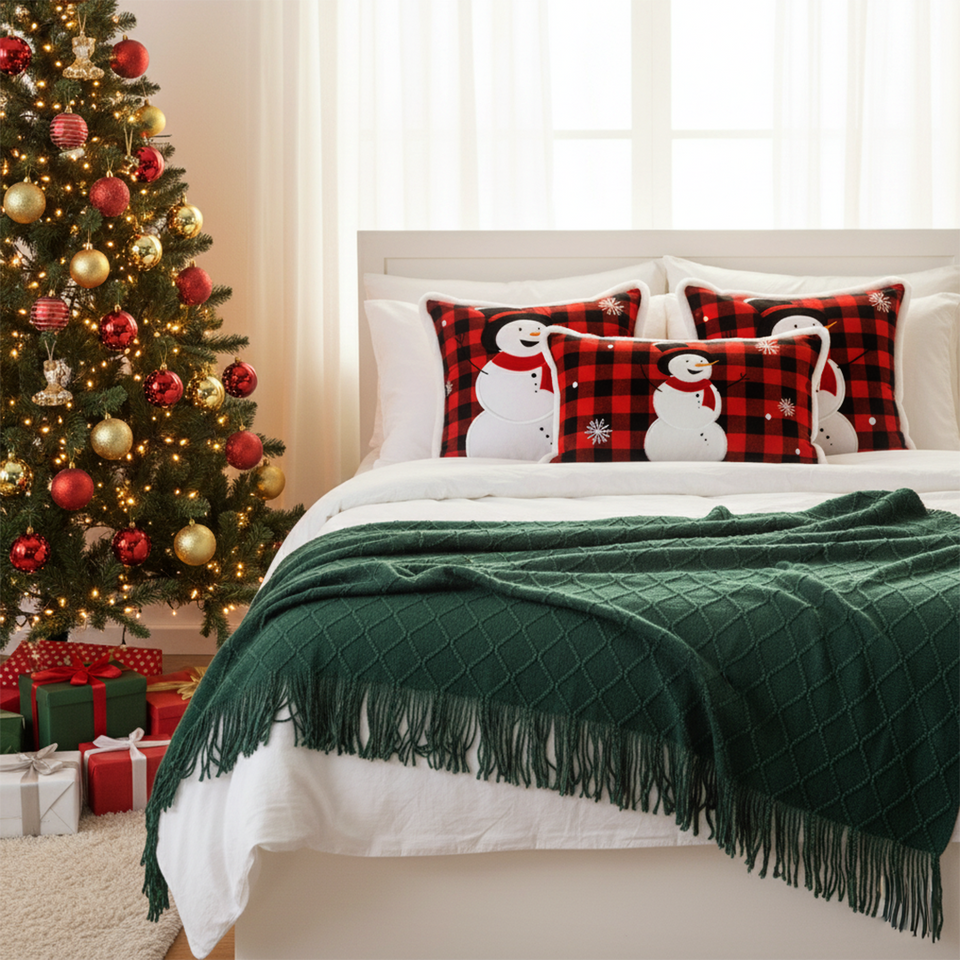SOGA Christmas Bundle – Red Snowman Pillows & Green Diamond Knitted Throw Blanket