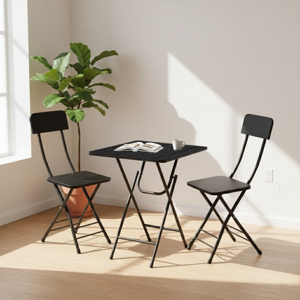 SOGA Home & Living Bundle – Black Folding Dining Table & 2 Foldable Chairs for Home Decor