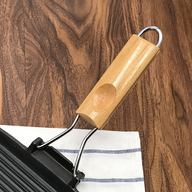SOGA 20.5cm Rectangular Cast Iron Griddle Pan with Folding Wooden Handle