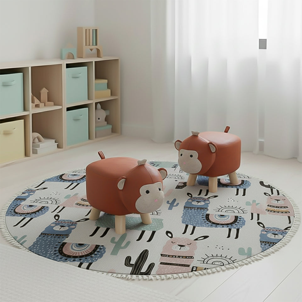 SOGA Home & Living Bundle – 2 Orange Monkey Children’s Ottoman & Alpaca Cactus Pattern Rug