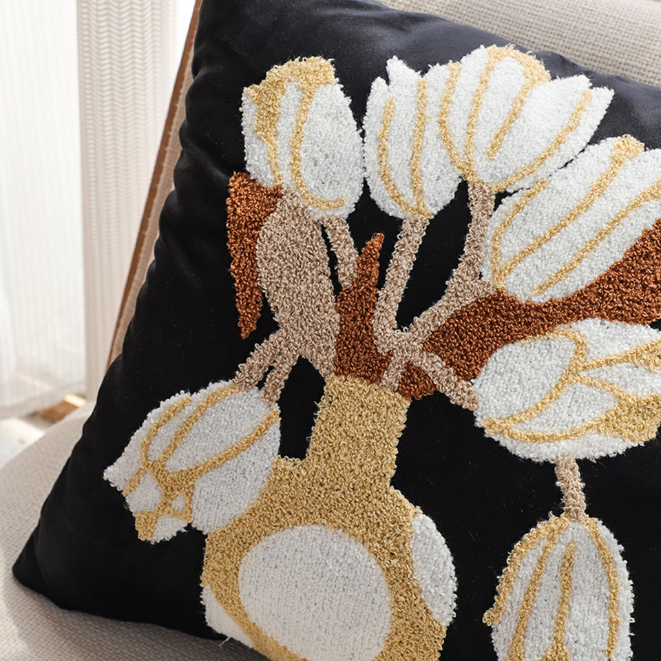 SOGA 2X 45cm Black White Gold Floral Vase Embroidered Throw Pillow