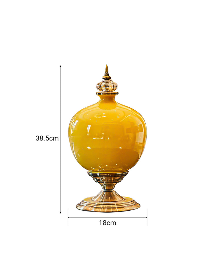 SOGA 38cm Ceramic Oval Flower Vase with Gold Metal Base Yellow