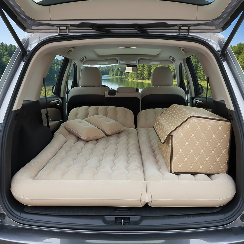 SOGA Car Bundle – Beige Leather Collapsible Trunk Organizer & Inflatable Boot Mattress