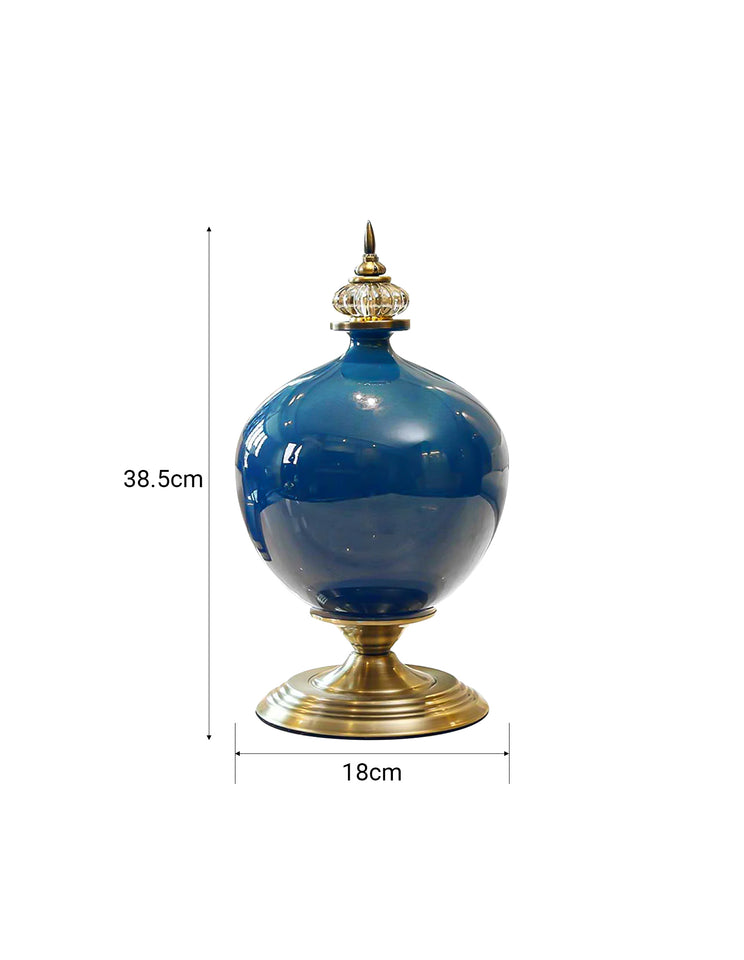 SOGA 2x 38cm Ceramic Oval Flower Vase with Gold Metal Base Dark Blue