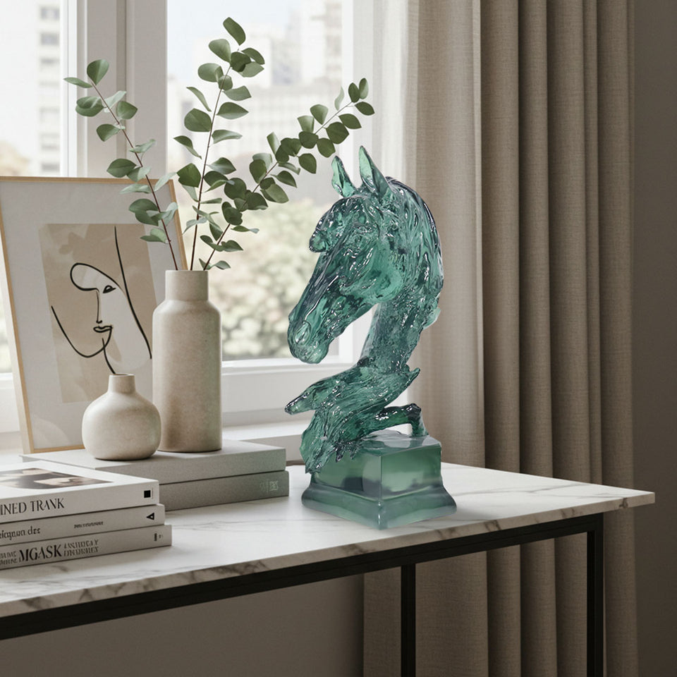 SOGA 37cm Green Horse Head Resin Sculpture Flowing Mane Design Modern Art for Home Decor