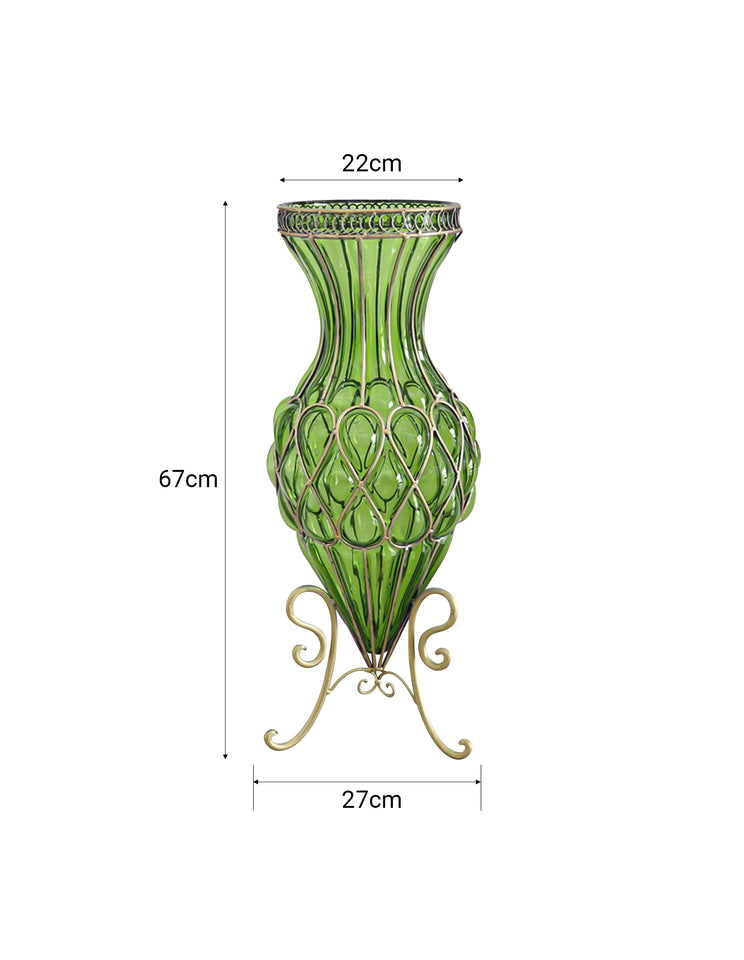 SOGA 67cm Green Glass Tall Floor Vase with Metal Flower Stand