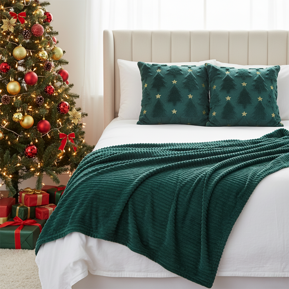 SOGA Christmas Bundle – 2 Teal Christmas Tree Pillow & Dark Green Cozy Striped Throw Blanket