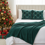 SOGA Christmas Bundle – 2 Teal Christmas Tree Pillow & Dark Green Cozy Striped Throw Blanket