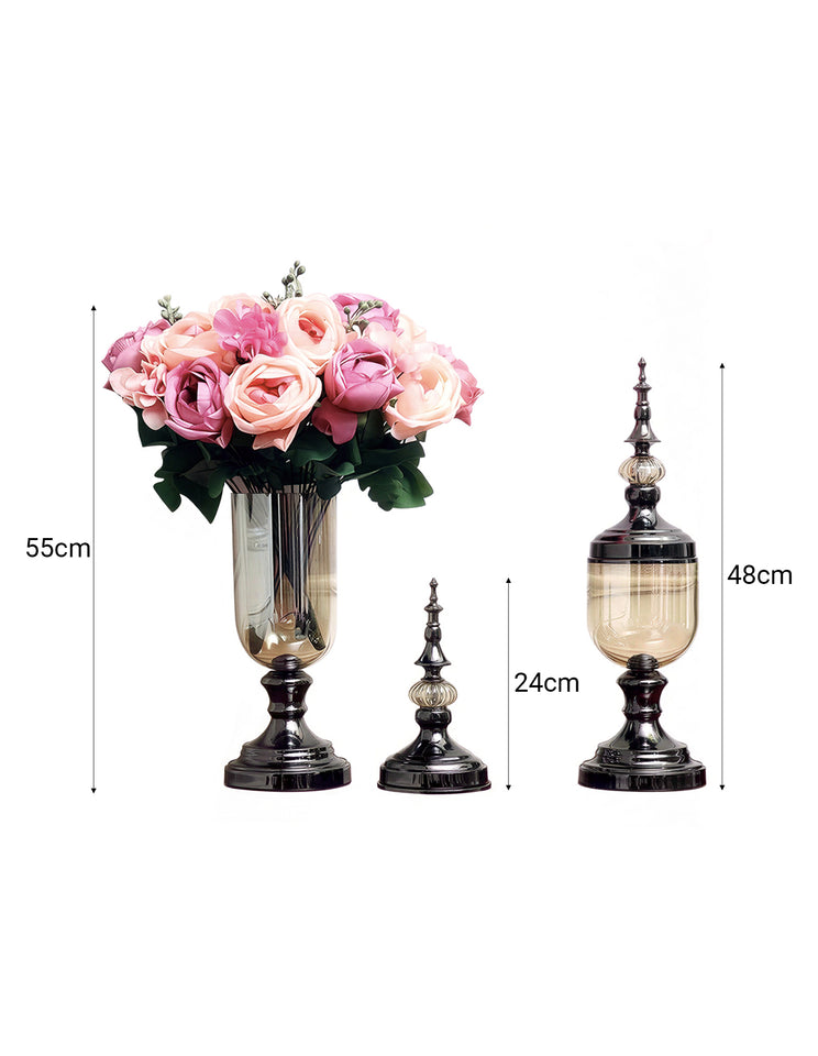 SOGA 2 x Clear Glass Flower Vase with Lid and Pink Flower Filler Vase Black Set
