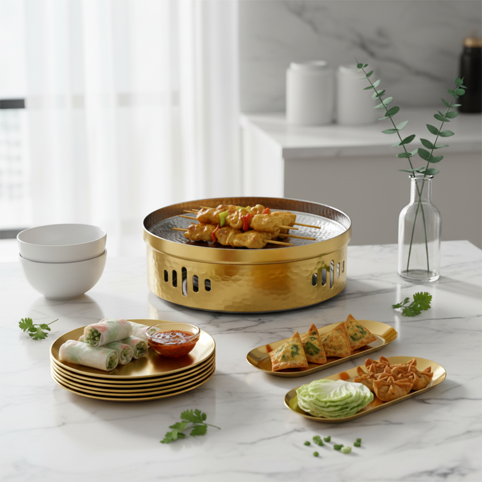 SOGA Kitchenware Bundle – Gold Nordic Plate Set, 26cm Grilling Plate & 28cm DryPot