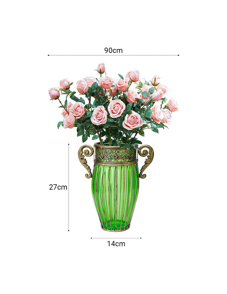 SOGA Green Glass Flower Vase with 8 Bunch 5 Heads Artificial Fake Silk Rose Home Decor Set