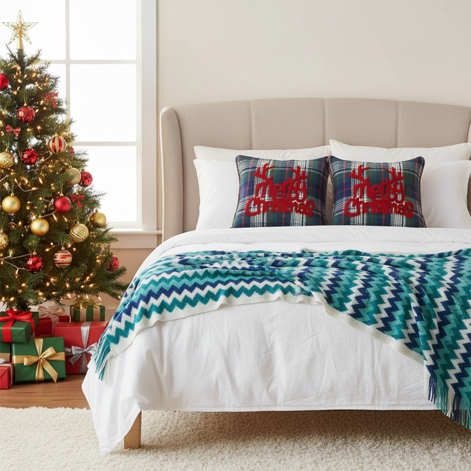 SOGA Christmas Bundle – 2 Multicolor Plaid Antler Pillow & Blue Zigzag Knitted Throw Blanket