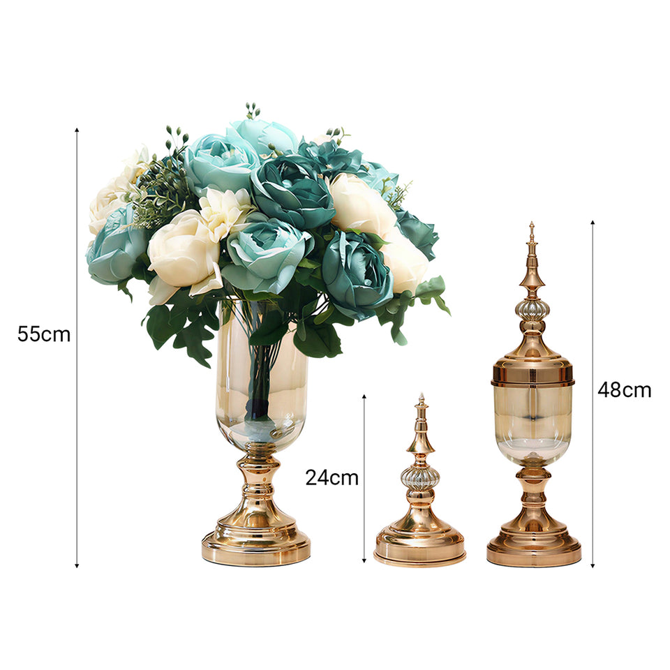 SOGA 2 x Clear Glass Flower Vase with Lid and Blue Flower Filler Vase Gold Set