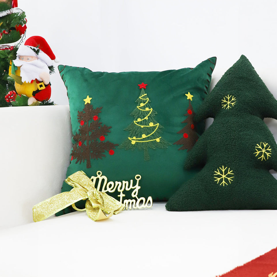 SOGA 2-Pack 45cm Green Christmas Tree Embroidered Throw Pillows