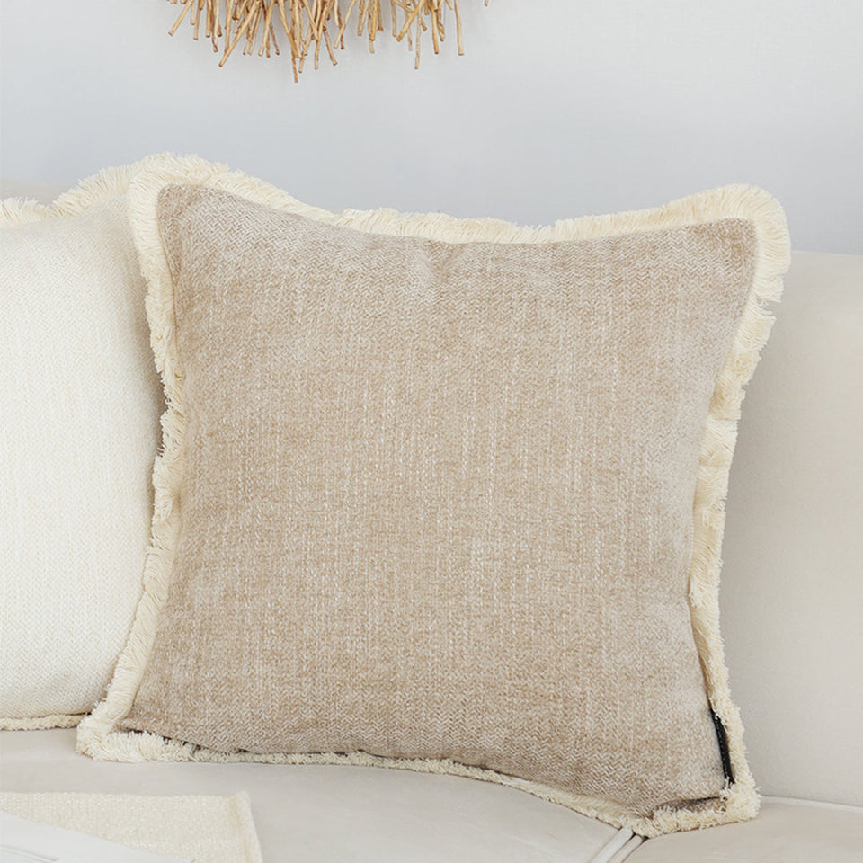 SOGA 2X 45cm Throw Pillow Latte Color Chenille Textured with Tassels Stylish Square Cozy Home Decor