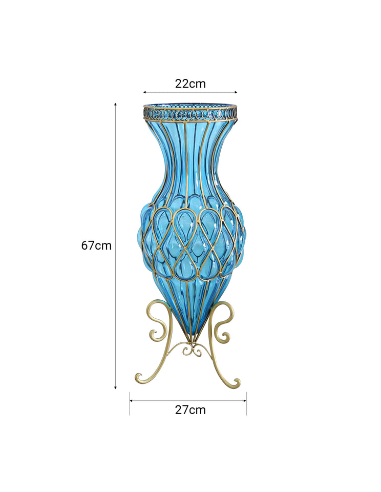 SOGA 67cm Blue Glass Tall Floor Vase and 12pcs White Artificial Fake Flower Set