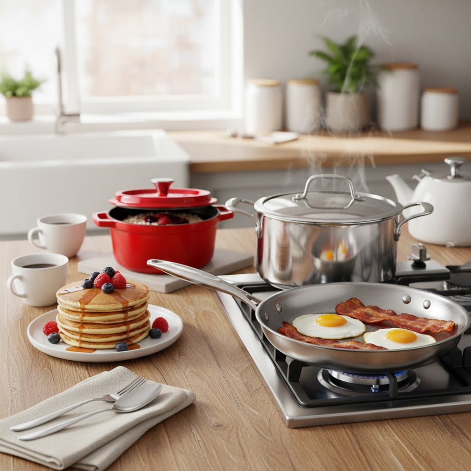 SOGA Kitchenware Bundle – Red Enamel Stewpot, Stainless Steel Fry Pan & Soup Stockpot
