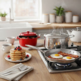 SOGA Kitchenware Bundle – Red Enamel Stewpot, Stainless Steel Fry Pan & Soup Stockpot