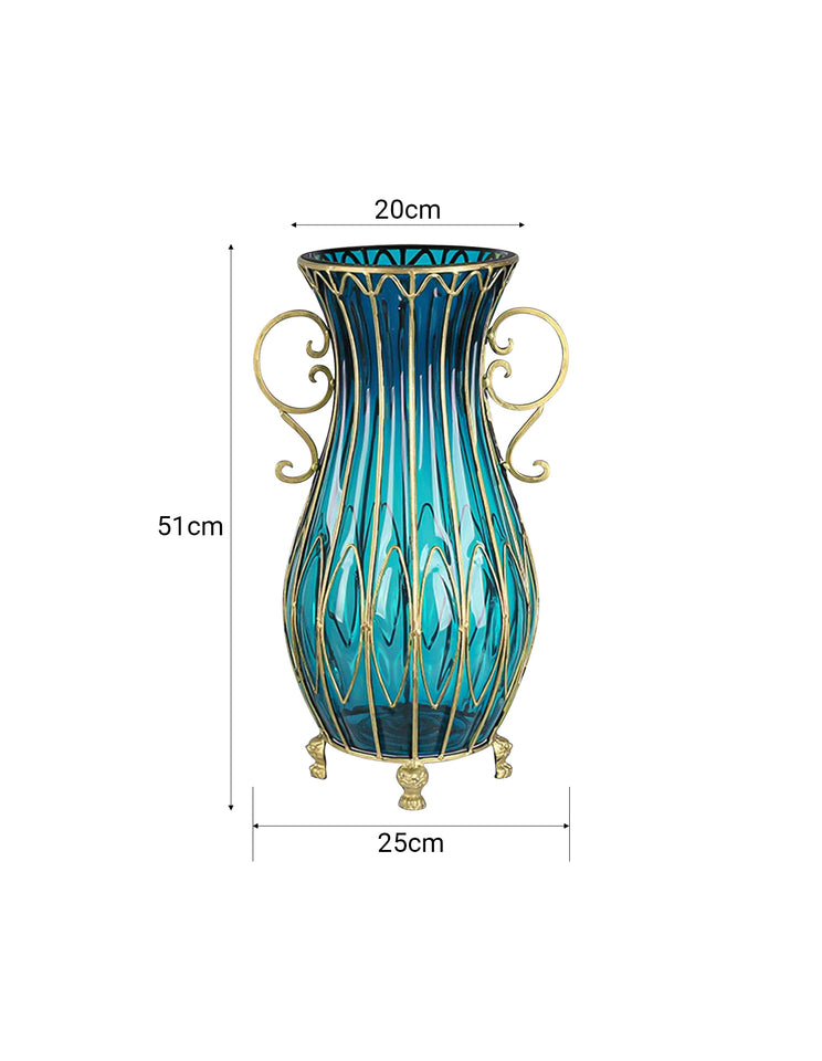 SOGA 51cm Blue Glass Tall Floor Vase with 12pcs Artificial Fake Flower Set