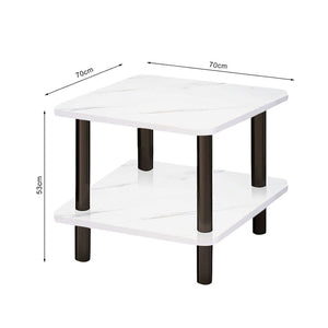 SOGA 70cm White Stone-Patterned Table – Modern Round Design with Black Metal Legs