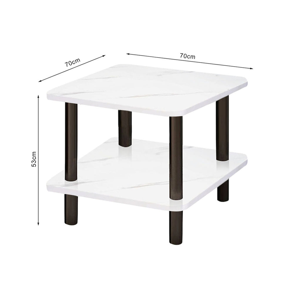SOGA 70cm White Stone-Patterned Table – Modern Round Design with Black Metal Legs