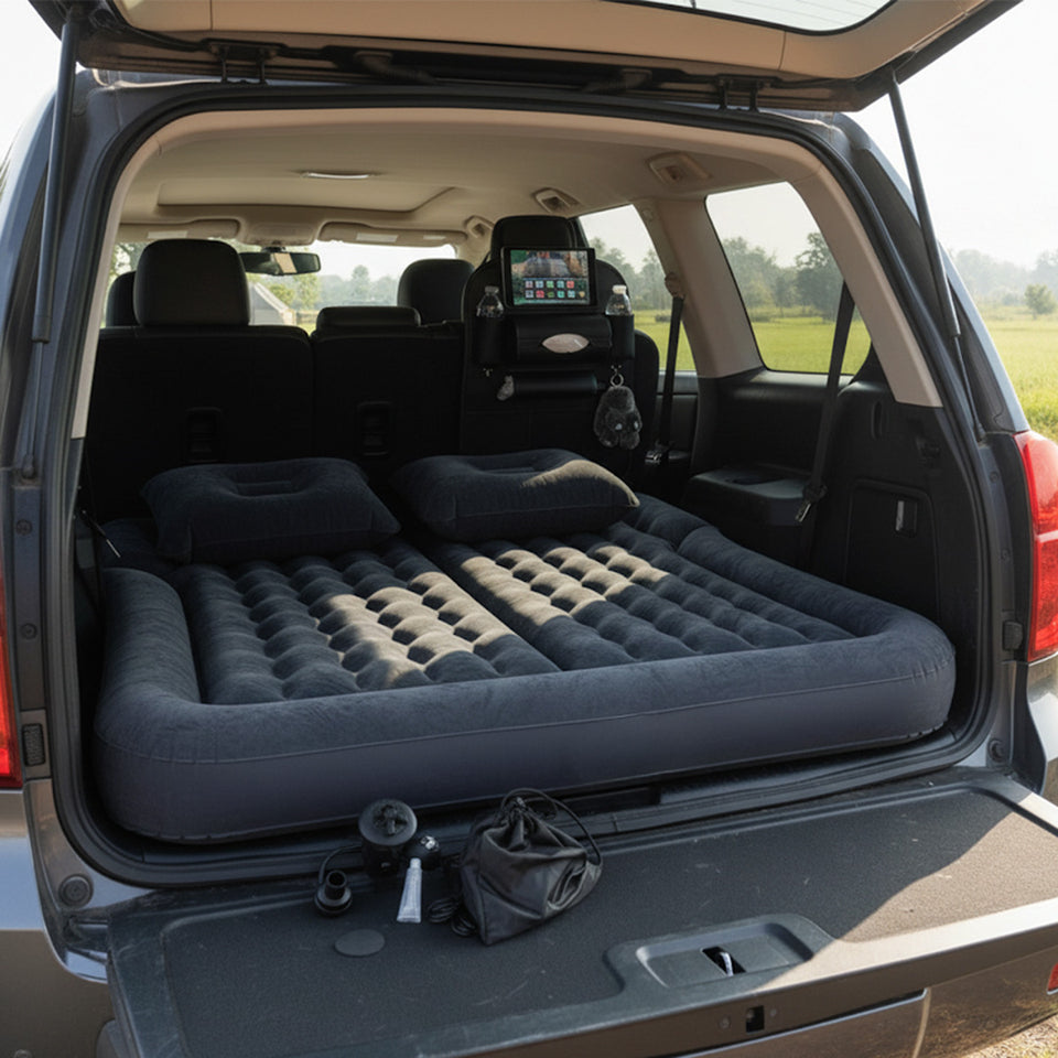 SOGA Car Bundle – Black Leather Back Seat Storage Organizer & Inflatable Boot Mattress