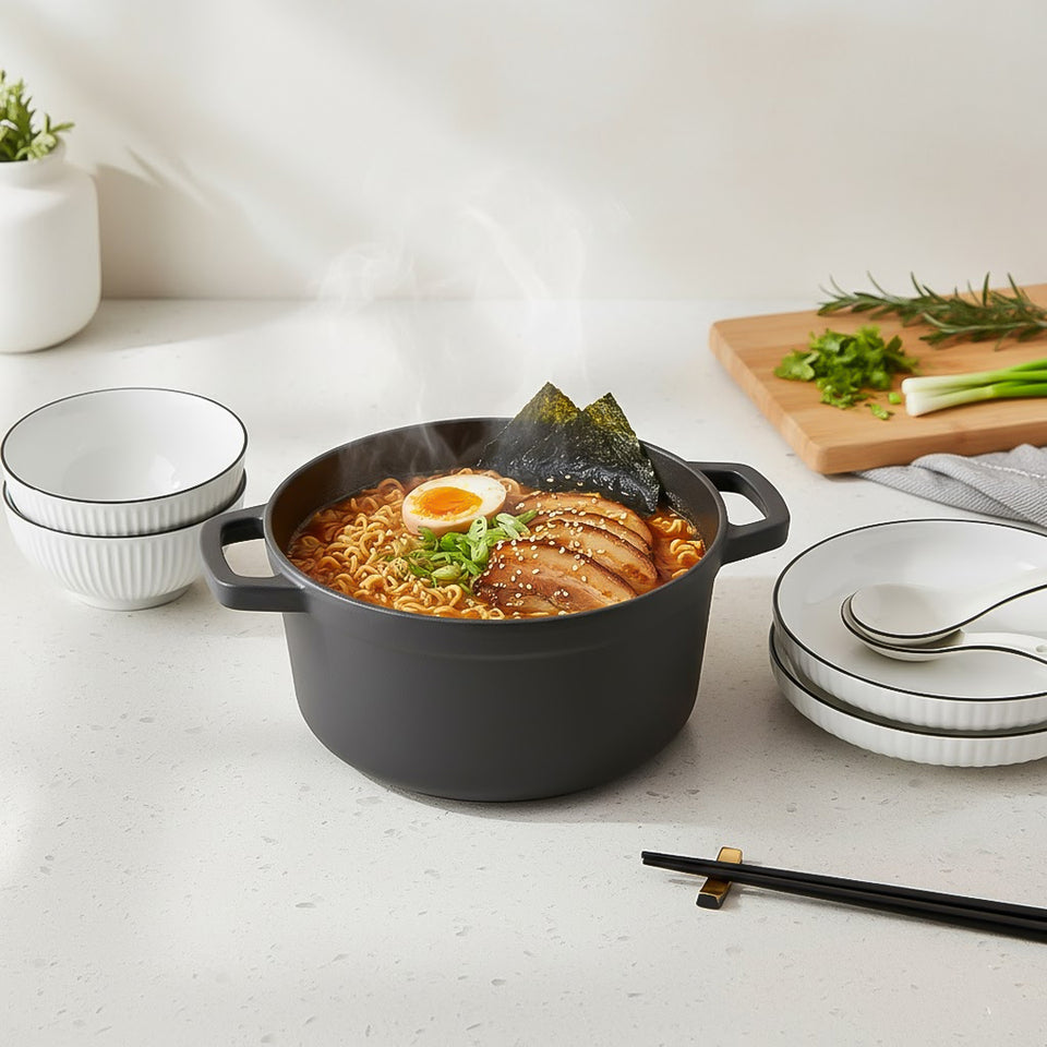 SOGA Kitchenware Bundle – White Japanese Ceramic Dinnerware Set & Black Cast Iron Stewpot