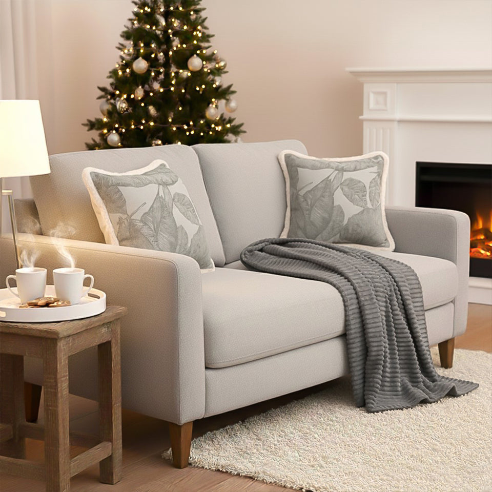 SOGA Home & Living Bundle – 2 Wabi-Sabi Embroidered Leaf Pillow & Grey Striped Throw Blanket