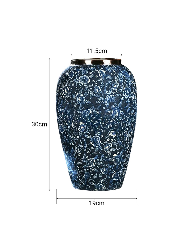 SOGA 30x19cm Blue with White Mini Floral Medium Ceramic Flower Vase Elegant Living Room Home Decor