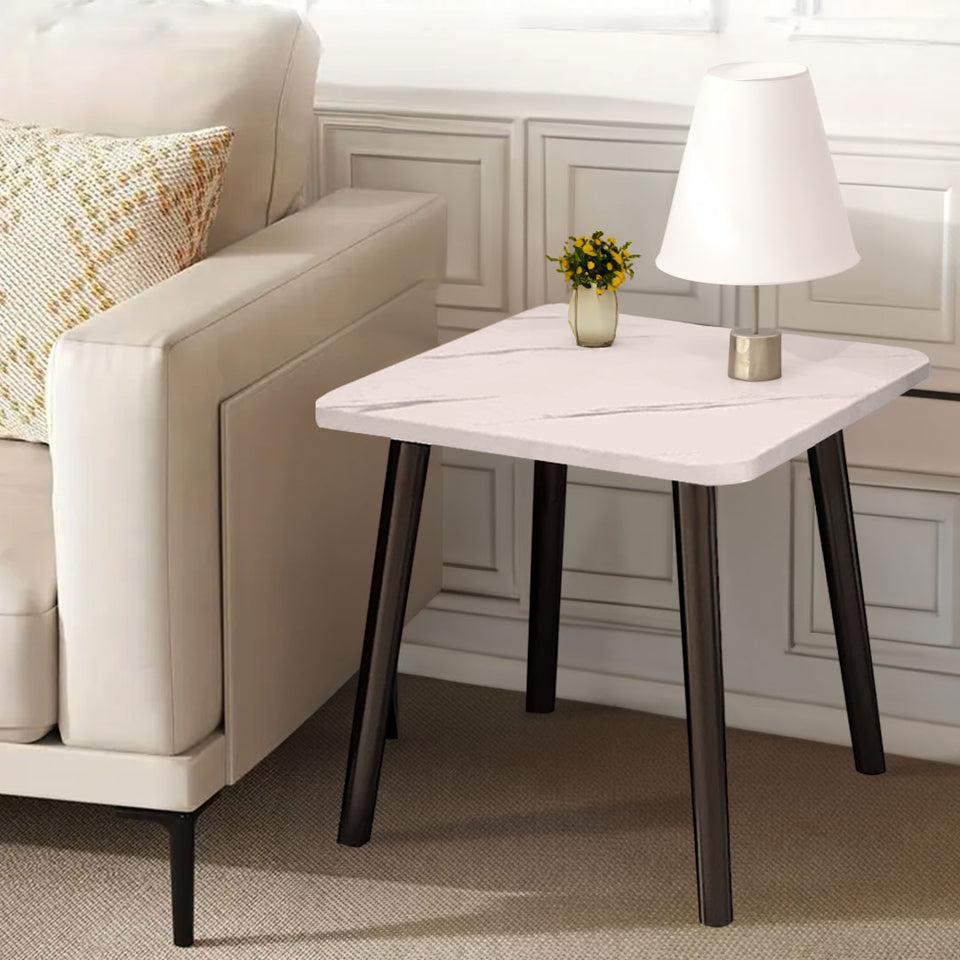 SOGA 2X 40cm White Stone-Patterned Table Compact Modern Design with Black Metal Legs
