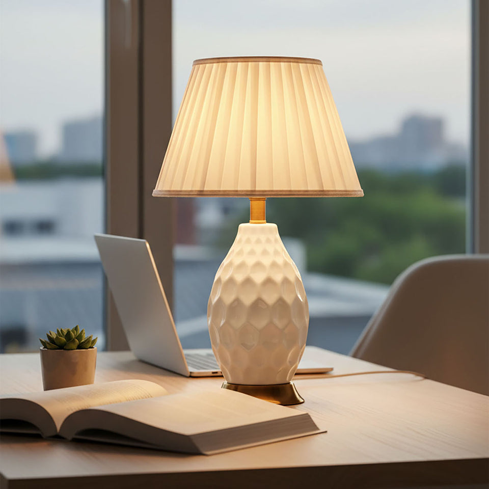 SOGA 2X Textured Ceramic Oval Table Lamp with Gold Metal Base White