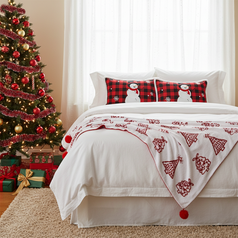 SOGA Christmas Bundle – 2 Red Snowman Lumbar Pillow & Red Christmas Tree Fleece Throw Blanket