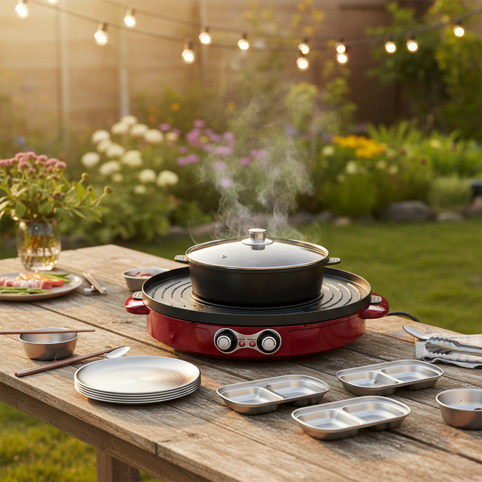 SOGA Kitchenware Bundle – 2-in-1 Electric Hot Pot BBQ Grill with Silver Grilling Plate & Sauce Pan