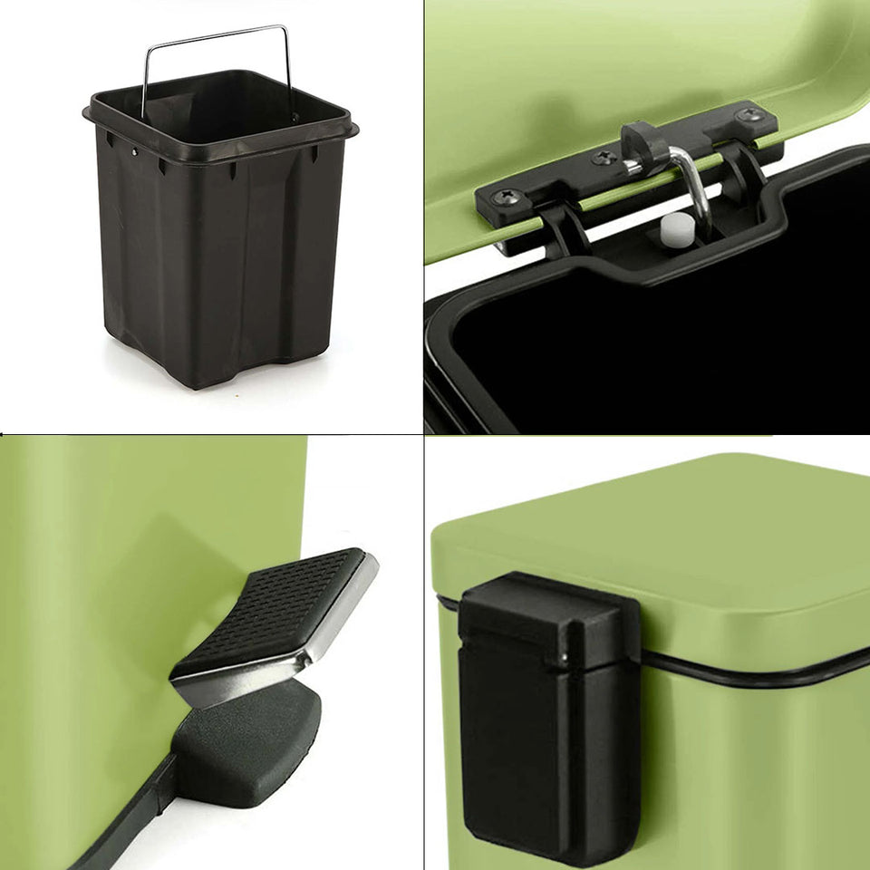 SOGA 2X Foot Pedal Stainless Steel Rubbish Recycling Garbage Waste Trash Bin Square 6L Green