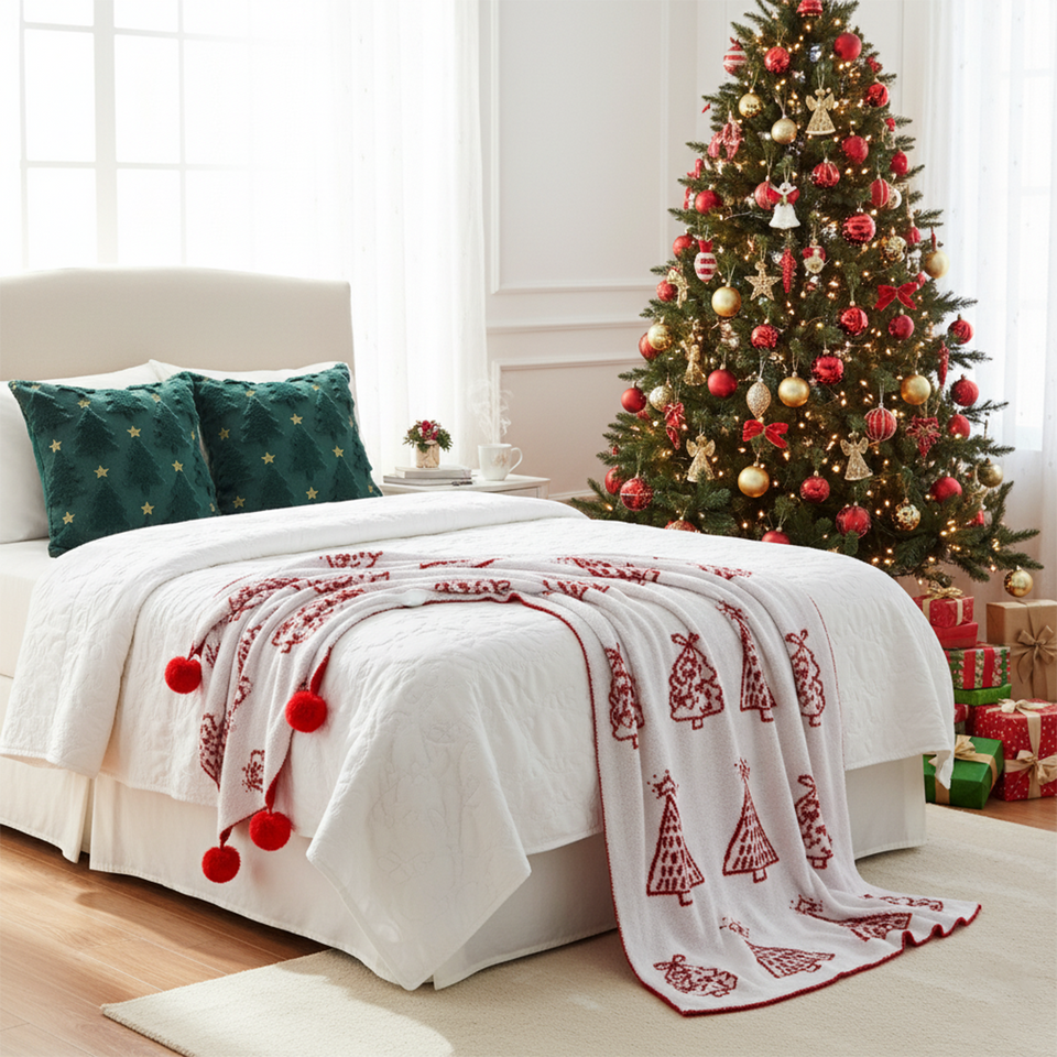 SOGA Christmas Bundle – 2 Festive Teal Christmas Tree Pillow & Red Holiday Throw Blanket