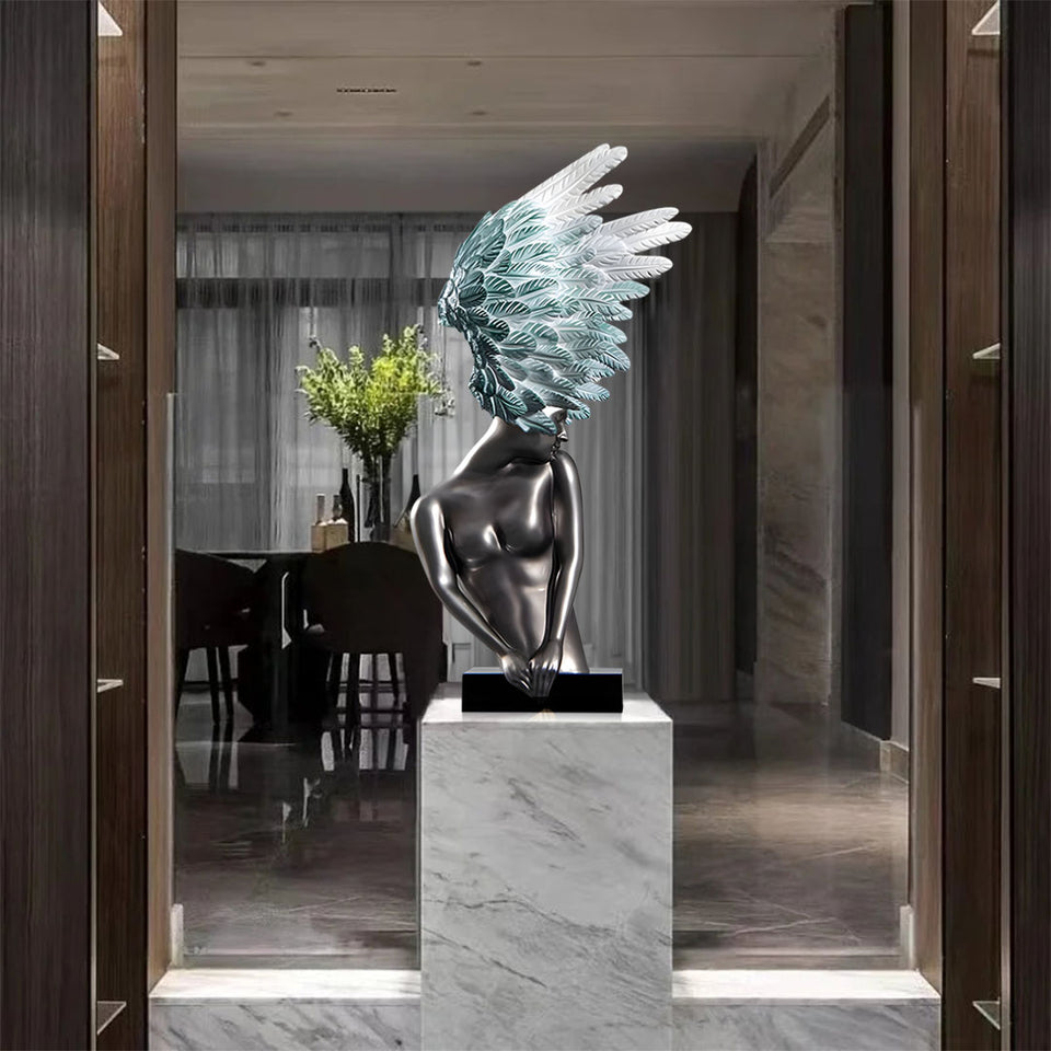 SOGA 86cm Modern Silver Winged Figure Sculpture with Artificial Marble Base for Home Decor