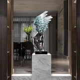 SOGA 86cm Modern Silver Winged Figure Sculpture with Artificial Marble Base for Home Decor