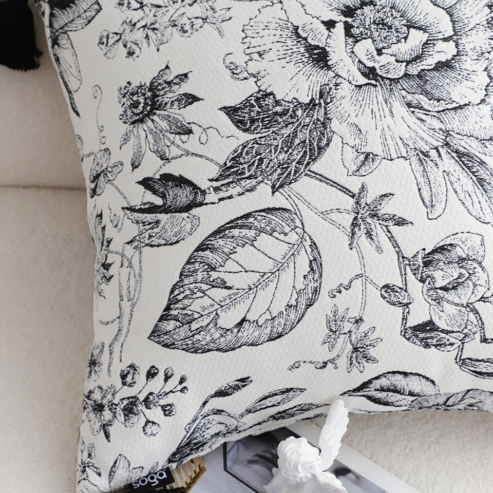SOGA 2X 50cm Throw Pillow  Black and White Elegant Floral Print with Tassel Accents Home Decor