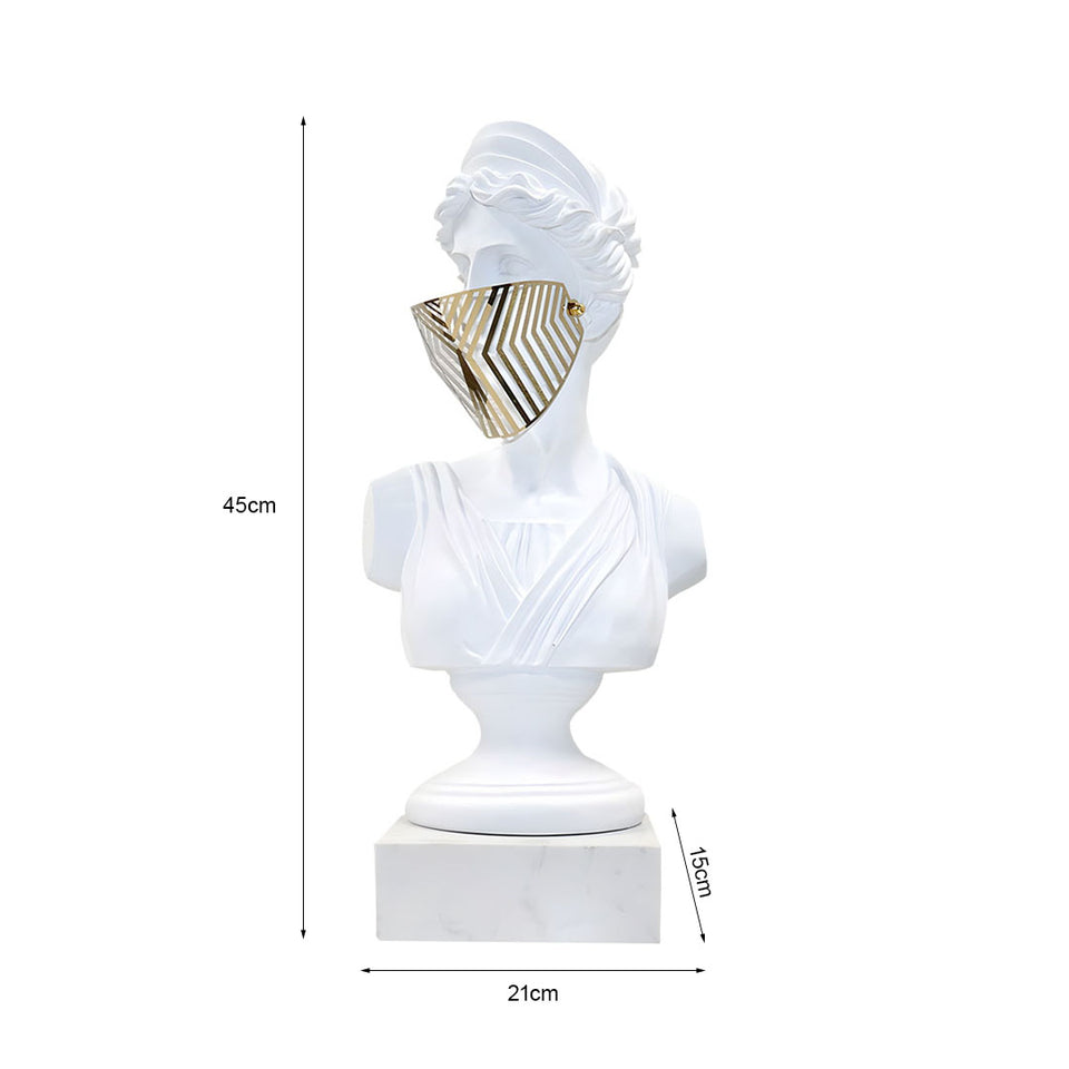 SOGA 45cm White Classical Bust Sculpture Resin with Gold Striped Mask for Modern Home Decor