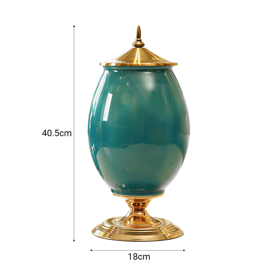 SOGA 2x 40cm Ceramic Oval Flower Vase with Gold Metal Base Green
