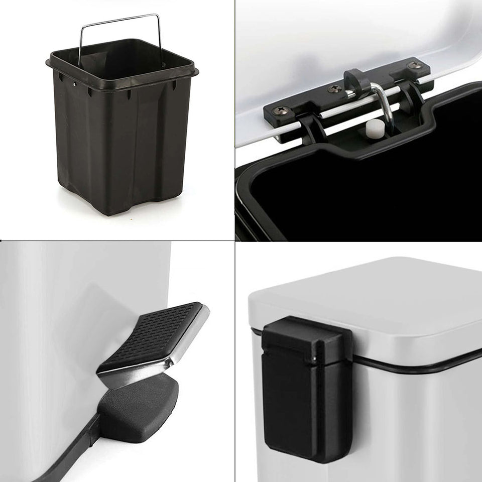 SOGA Foot Pedal Stainless Steel Square Trash Bin White 6L