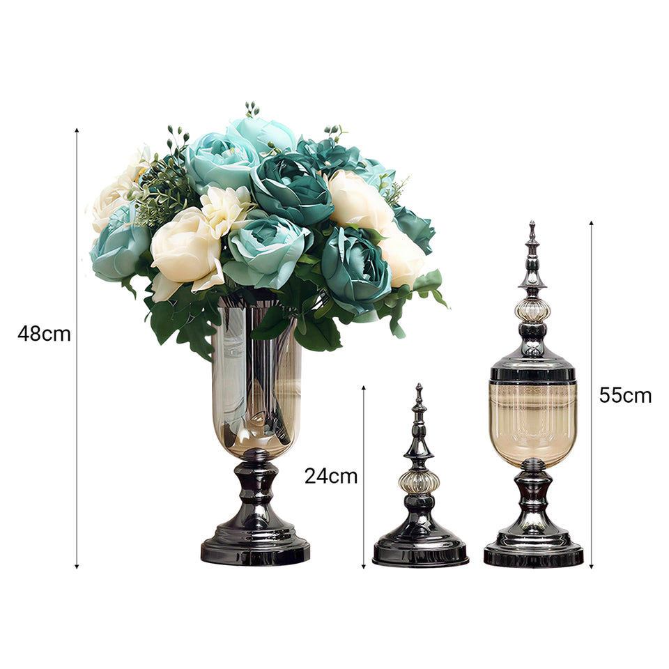 SOGA 2 x Clear Glass Flower Vase with Lid and Blue Flower Filler Vase Black Set