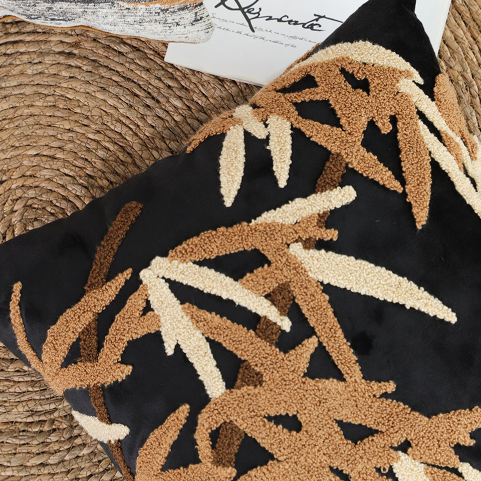 SOGA 2X 45cm Black Brown Bamboo Leaf Botanical Embroidered Throw Pillow