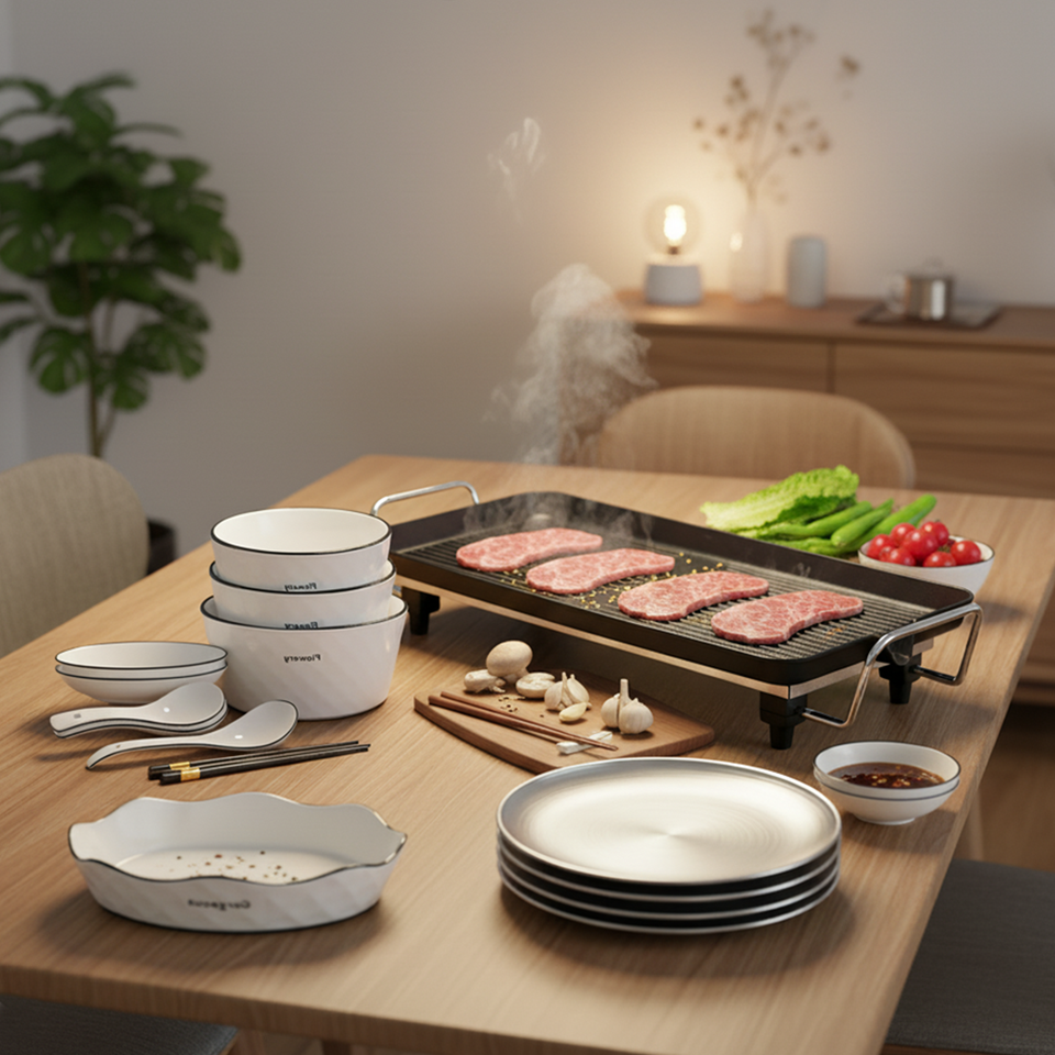 SOGA Kitchenware Bundle – Electric BBQ Teppanyaki Grill, Diamond Ceramic Dinnerware & Silver Grilling Plate