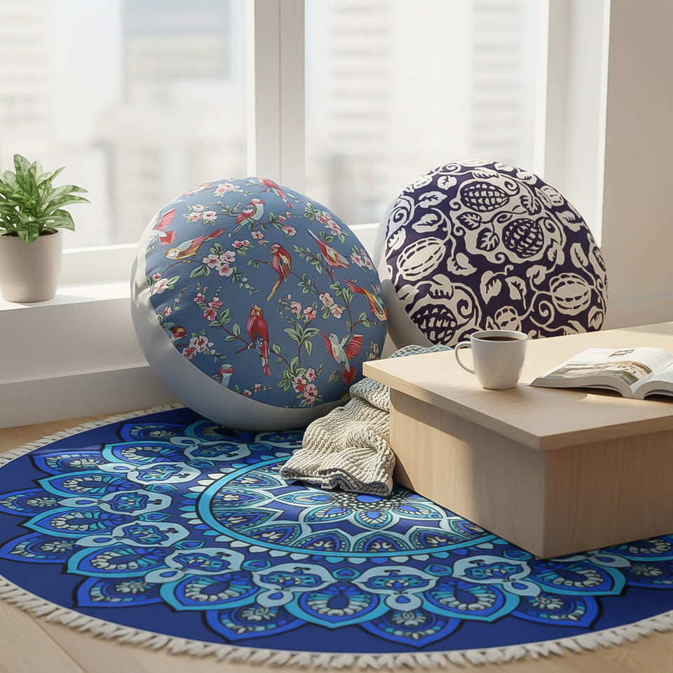 SOGA Home & Living Bundle – Polyester-Cotton Pillows & Blue Mandala Round Carpet Decor