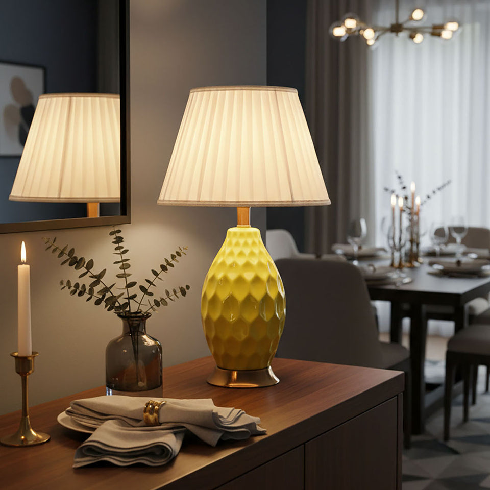SOGA 2X Textured Ceramic Oval Table Lamp with Gold Metal Base Yellow