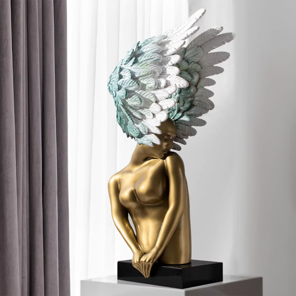 SOGA 86cm Modern Gold Bronze Winged Figure Sculpture with Artificial Marble Base for Home Decor