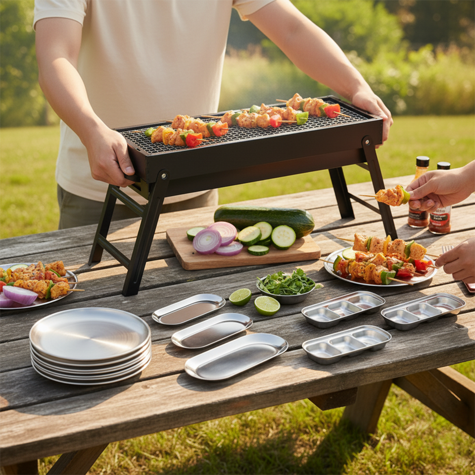 SOGA Kitchenware Bundle – Portable Charcoal Grill, Silver Grilling Plate, Nordic Plate & Sauce Pan