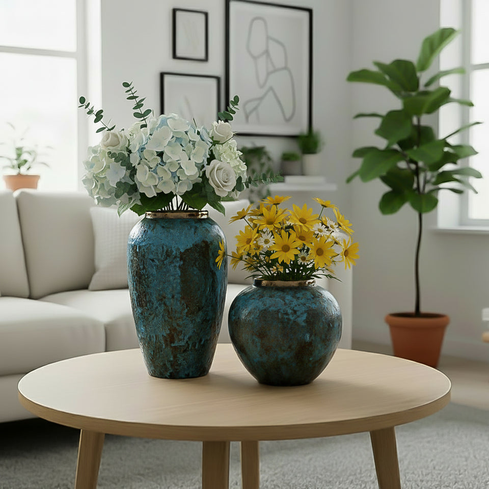 SOGA Home & Living Bundle – Light Blue Ceramic Flower Vases for Elegant Living Room Decor