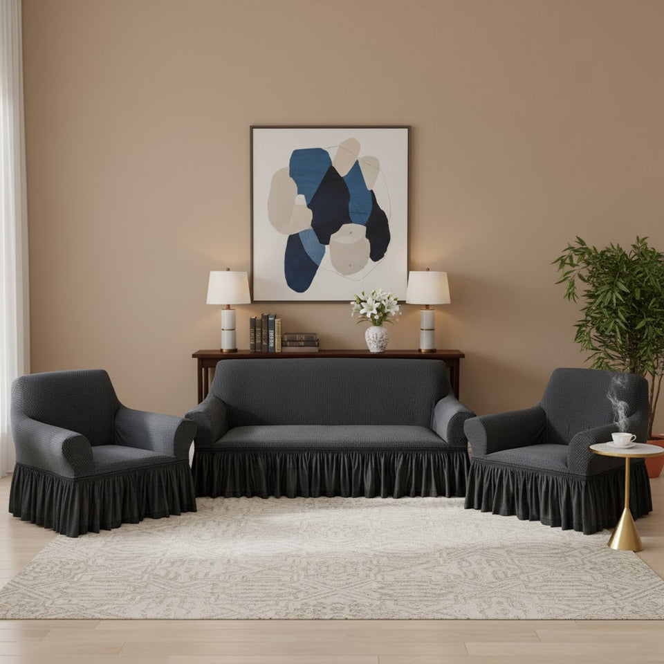 SOGA Home & Living Bundle – 2 Dark Grey 1-Seater & 3-Seater Sofa Covers with Ruffled Skirt